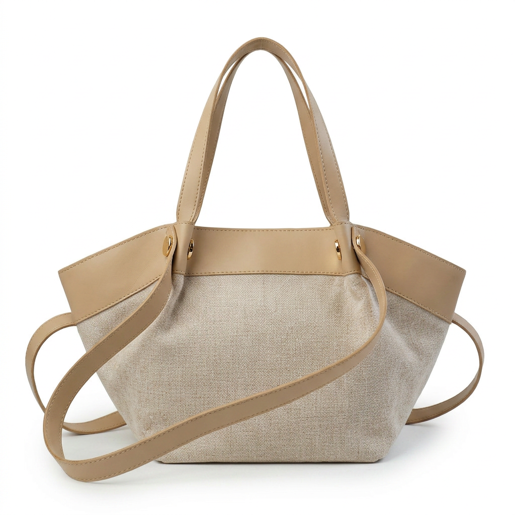 Cream linen tote with tan leather trim and crossbody strap