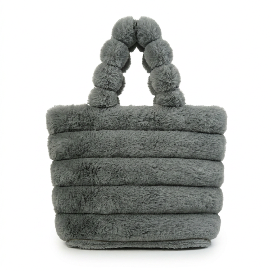 Grey ribbed faux fur mini bucket bag