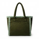 Olive green suede tote with cream sherpa side trim