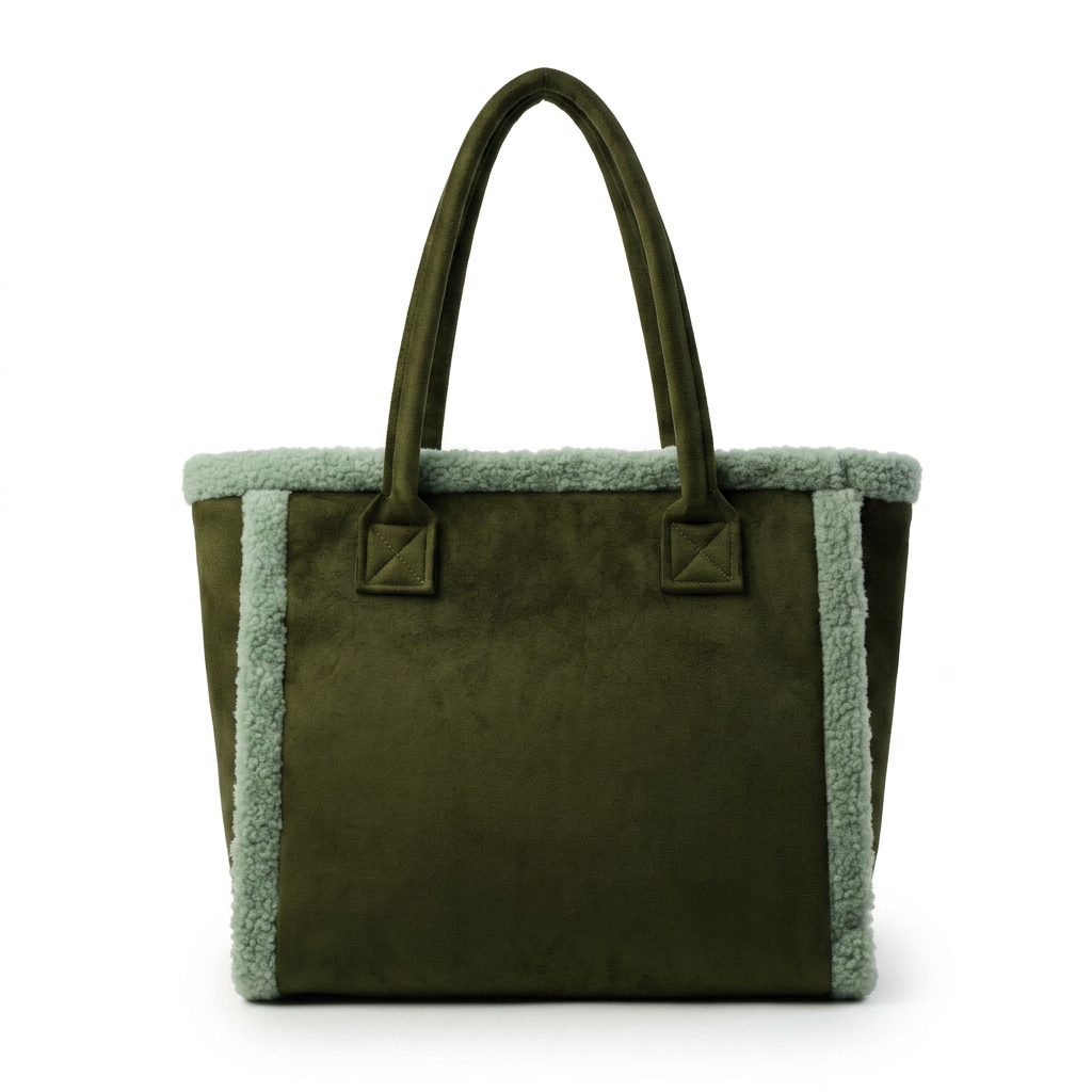 Olive green suede tote with cream sherpa side trim