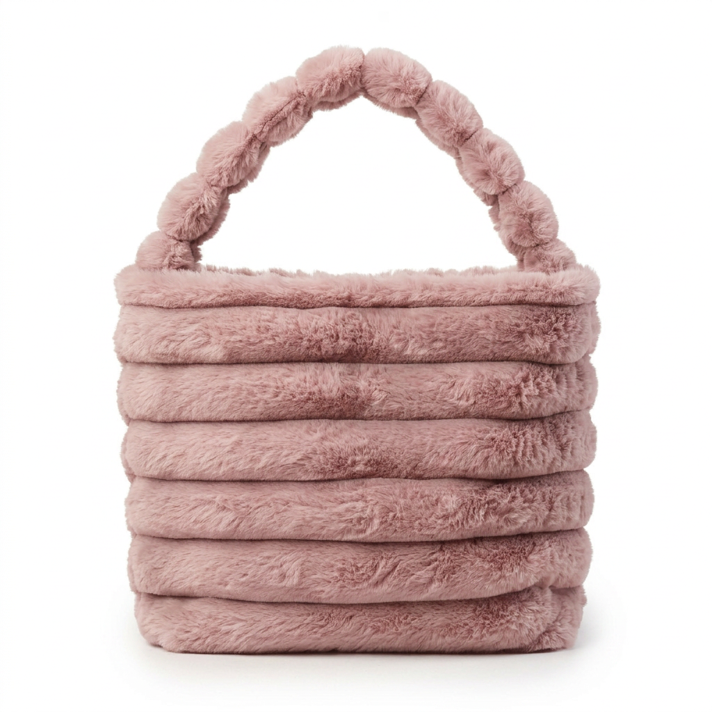 Dusty pink ribbed faux fur bucket bag