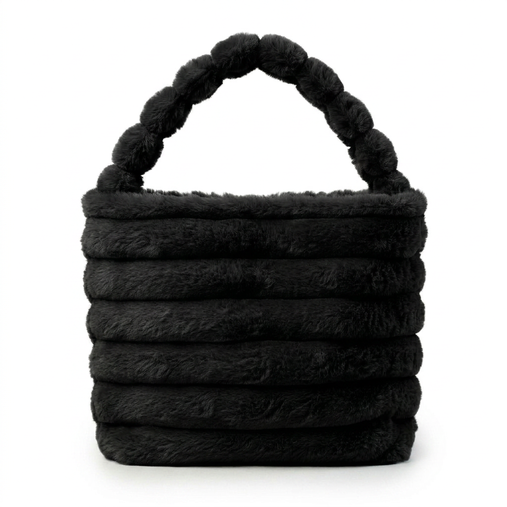 Black ribbed faux fur bucket bag