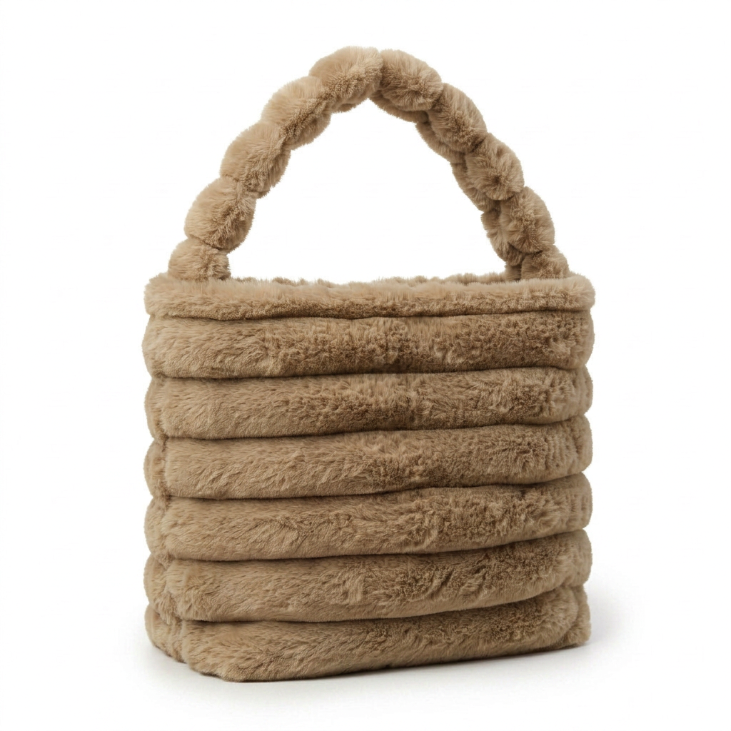 Camel/tan ribbed faux fur bucket bag