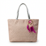 Beige straw-textured tote with feather charm