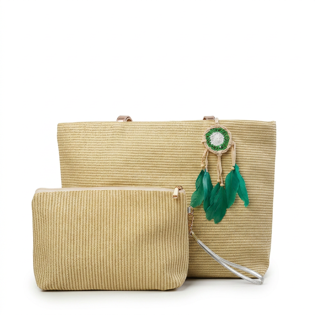 Ribbed Knit Tote Bag Set with Feather Charm — additional view 8