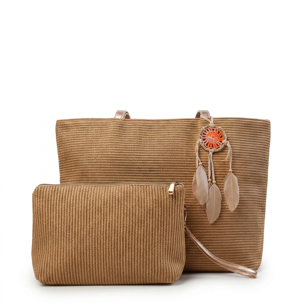 Ribbed Knit Tote Bag Set with Feather Charm — additional view 9