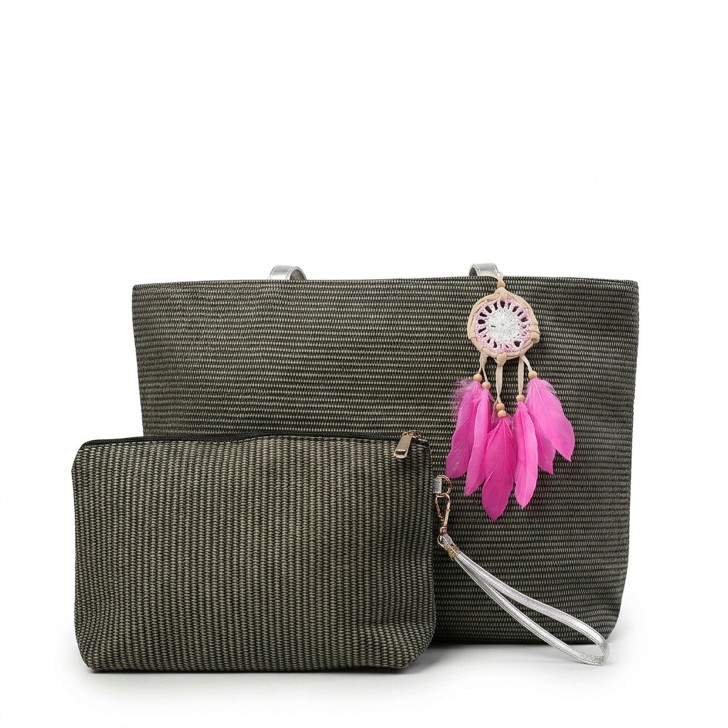 Ribbed Knit Tote Bag Set with Feather Charm — additional view 10